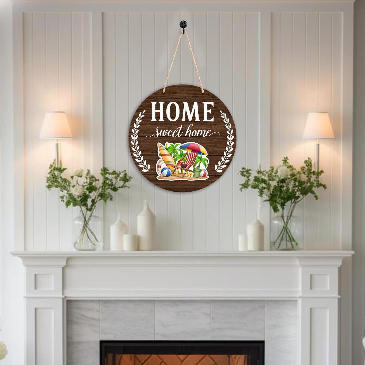 Interchangeable Welcome Sign Summer Patriotic 4th of July Front Porch Decor, Rustic Round Wood Wreath Door Decoration, Home Sweet Home Sign for Spring Fall Winter All Seasons Holiday, Dark Brown