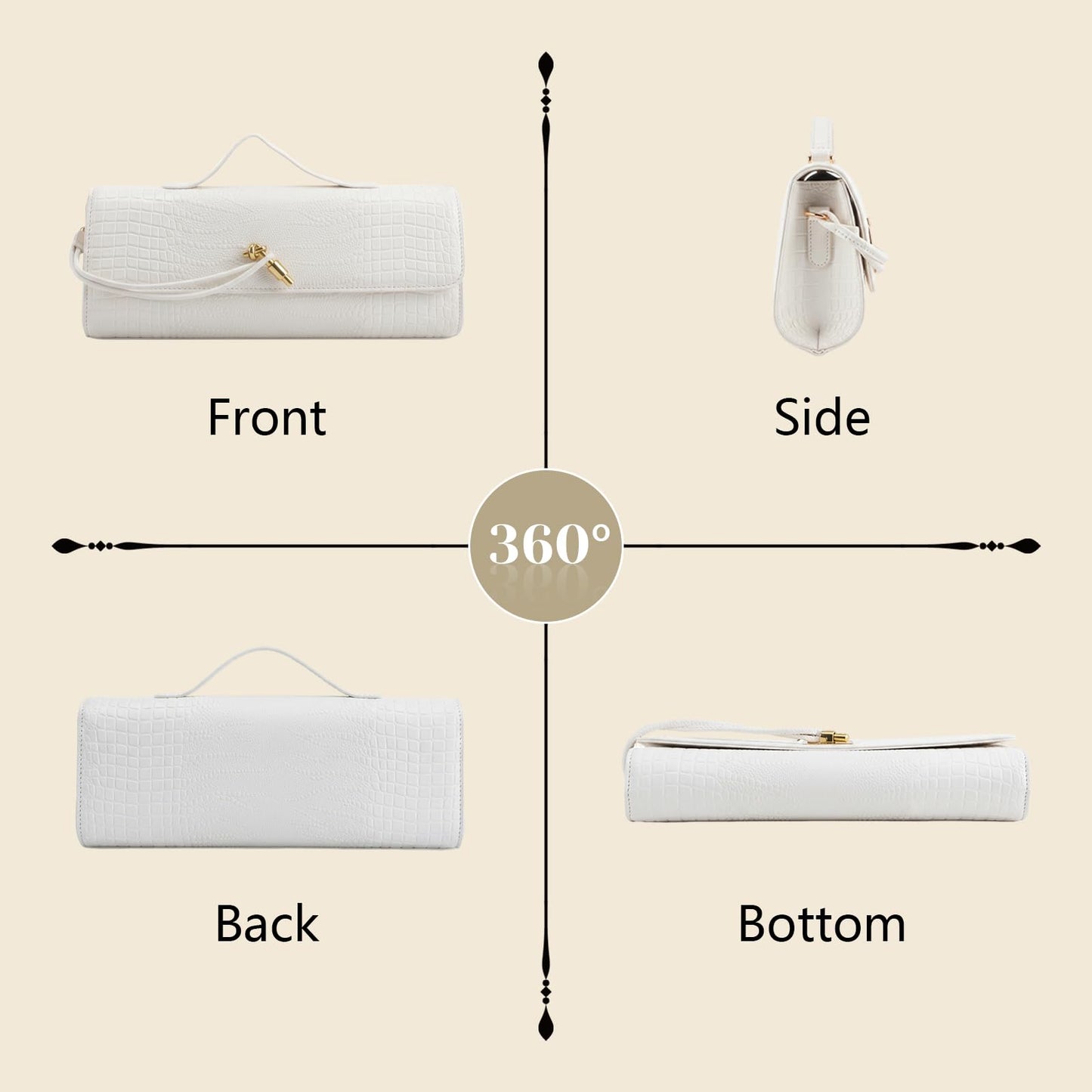 BWKUNOLF Evening Clutch for Women Crocodile Print - PU Leather Crossbody Bag with Removable Strap, Formal Party & Wedding Handbag (White)
