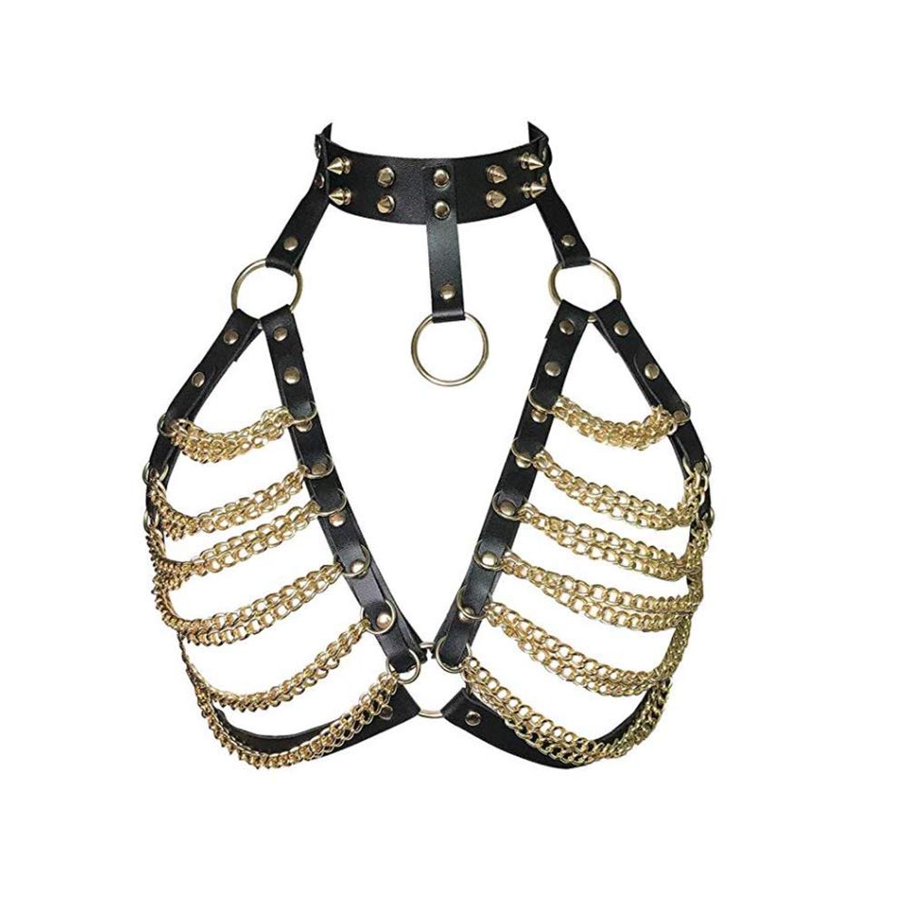 Women Sexy Gothic Leather Harness Bra Punk Waist Belt Body Chain (Golden)