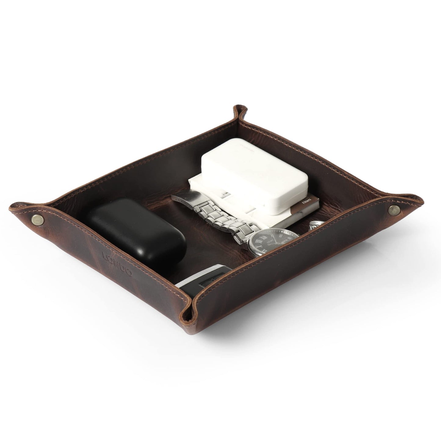 Londo Genuine Leather Tray Organizer - Practical Lightweight Water Resistant Computer Table Desk Storage Box for Wallets, Watches, Keys, Coins, Cell Phones and Office Equipment