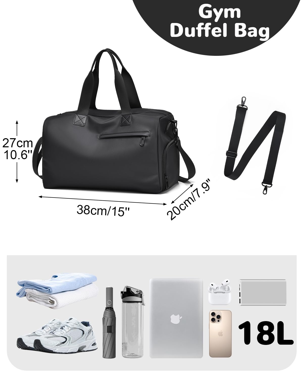 Outplea Small Gym Bag for Men Women, 18L Waterproof Travel Duffle Bag with Shoe Compartment & Wet Pocket, Carry on Personal Item Bags for Travel Airplane, Black