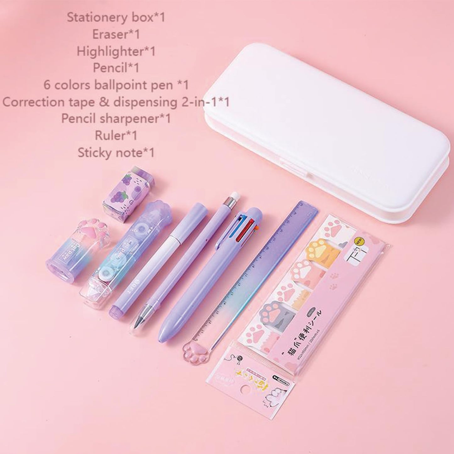 MOZXIRZ 9 Pcs Cute Purple Stationery Set for Girls Boys Kids Women Back to School Supplies Office Supplies Cartoon Cat Paw Stationery Set Aesthetic Kawaii Stationery Gift (Purple)