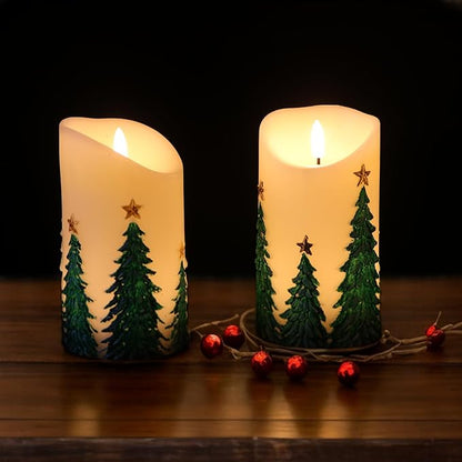 Christmas Tree LED Candles with 6H Timer, flameless Candles with Flickering Flame, Waxy Pillar 2 Pack Flickering Star Decor for Fall Christmas Decor (3 inches x 5.7 inches)