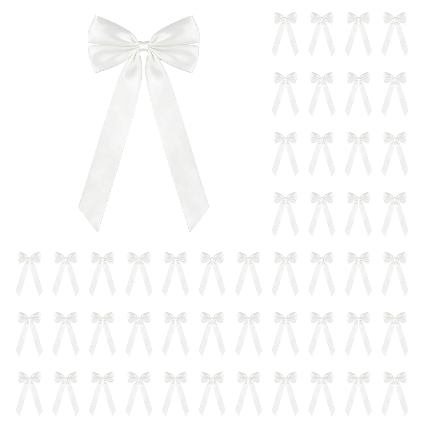 50Pcs White Satin Bows for Christmas Tree, 4 x 8 inch Xmas Ornaments with Pre-Made Twist Ties & Self-Adhesive, for Tree Cabinet Front Door Wreath Holiday Home Decor