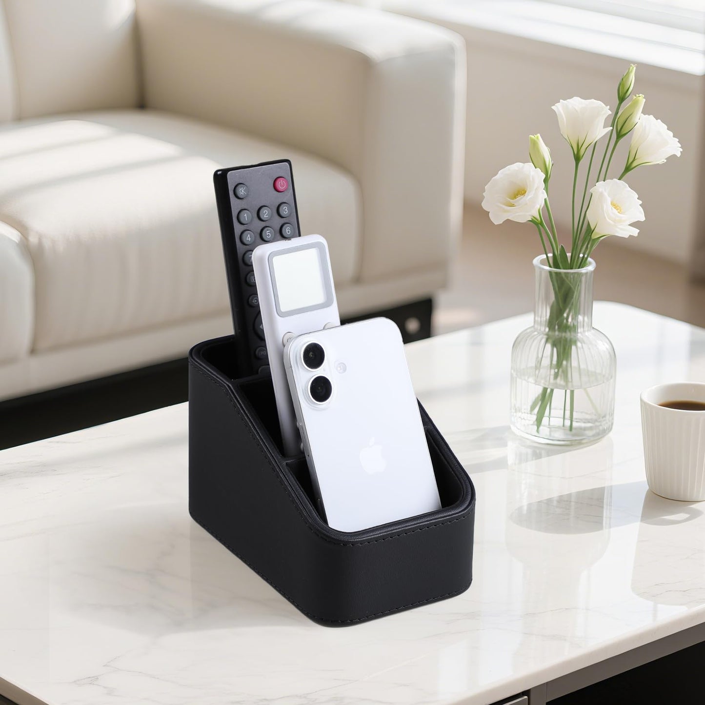 NICLNGSH PU Leather Remote Control Holder, Small Desk Organizer Office Supply Bedside Caddy for Nightstand End Table Couch, Pen Remote Organizer with 3 Compartments (Black)