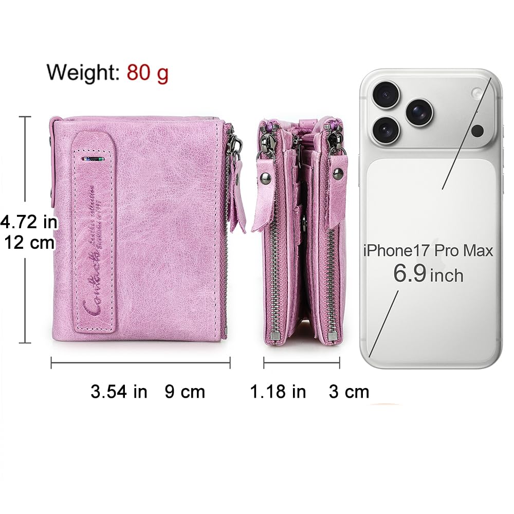 CONTACTS Soft Leather Wallet for Women Small Bifold Coin Purse Double Zipper Card Holder with RFID Blocking (Pinkish Purple)