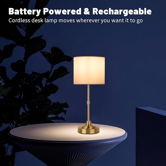 Rechargeable Cordless LED Table Lamp Fabric Shade Desk Lamp, 3-Level Dimmable Touch Control, 5200mAh, Patio Table Lamp, Bedside Night Lamp, Ambient Light for Restaurant.(Gold)