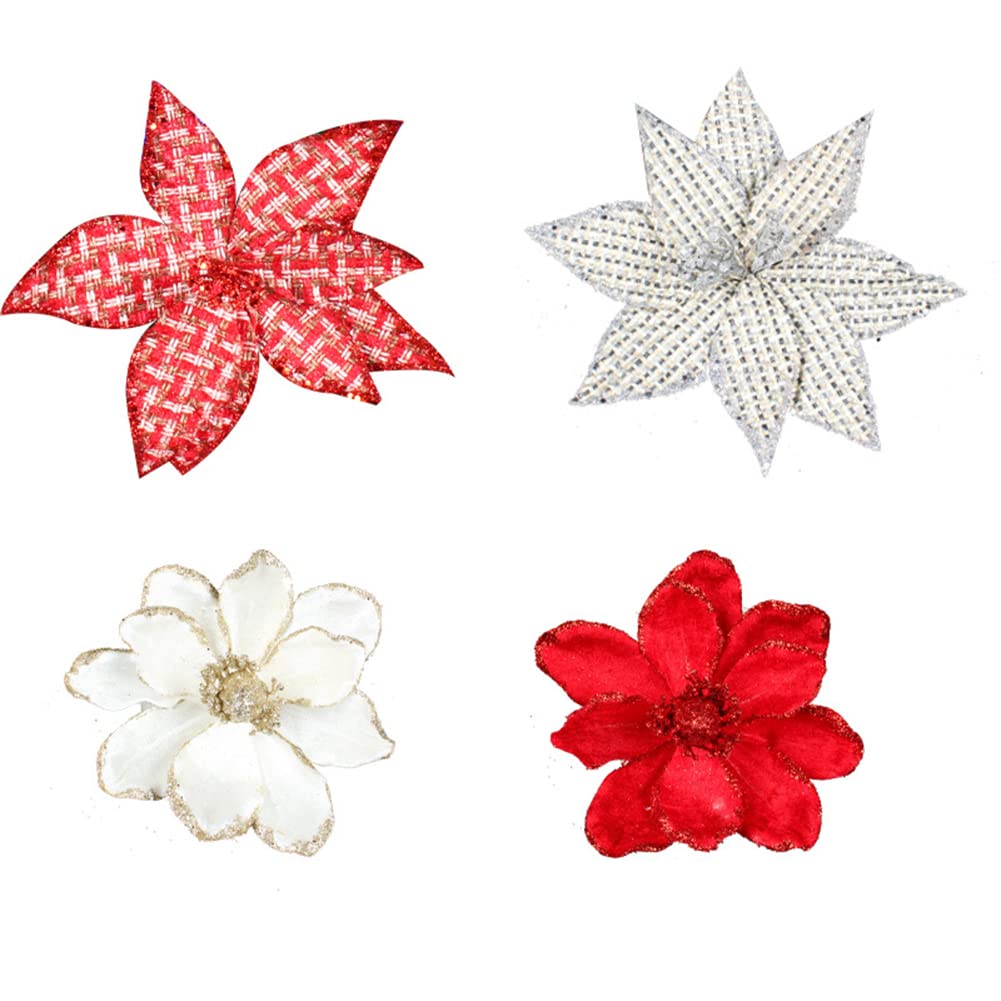 vctops 10 PCS Glitter Artificial Flower Christmas Tree Wreath DIY Ornaments 6.3 Inch Faux Flower for Xmas New Year Wedding Party Holiday Decoration,White A