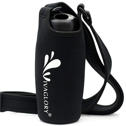 VIVAGLORY Dog Water Bottle & Bottle Holder with Strap Combo for Travel & Walking, Carrier with Adjustable Shoulder Strap, Portable & Stainless Steel for Pet Puppy, 25oz, Black