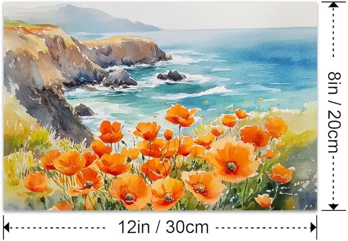 Yesad Poppies Wall Art, California Landscape Canvas Wall Art Poppy Poster Coastal Wall Art Flower Pictures Farmhouse Wall Décor for Living Room Bedroom (Unframed,12”x8”, Poppy2)