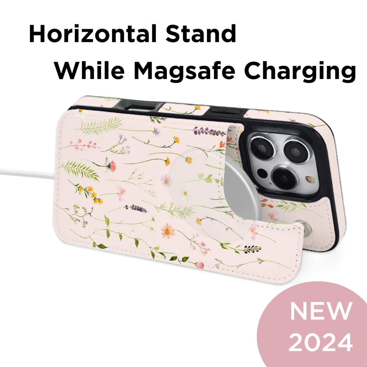 uCOLOR for iPhone 16 Pro 6.3" Wallet Case Magsafe with Card Holder Slot【Compatible with MagSafe】 Folio Flip PU Leather Design with Camera Lens Protector (Nude Wild Flower)