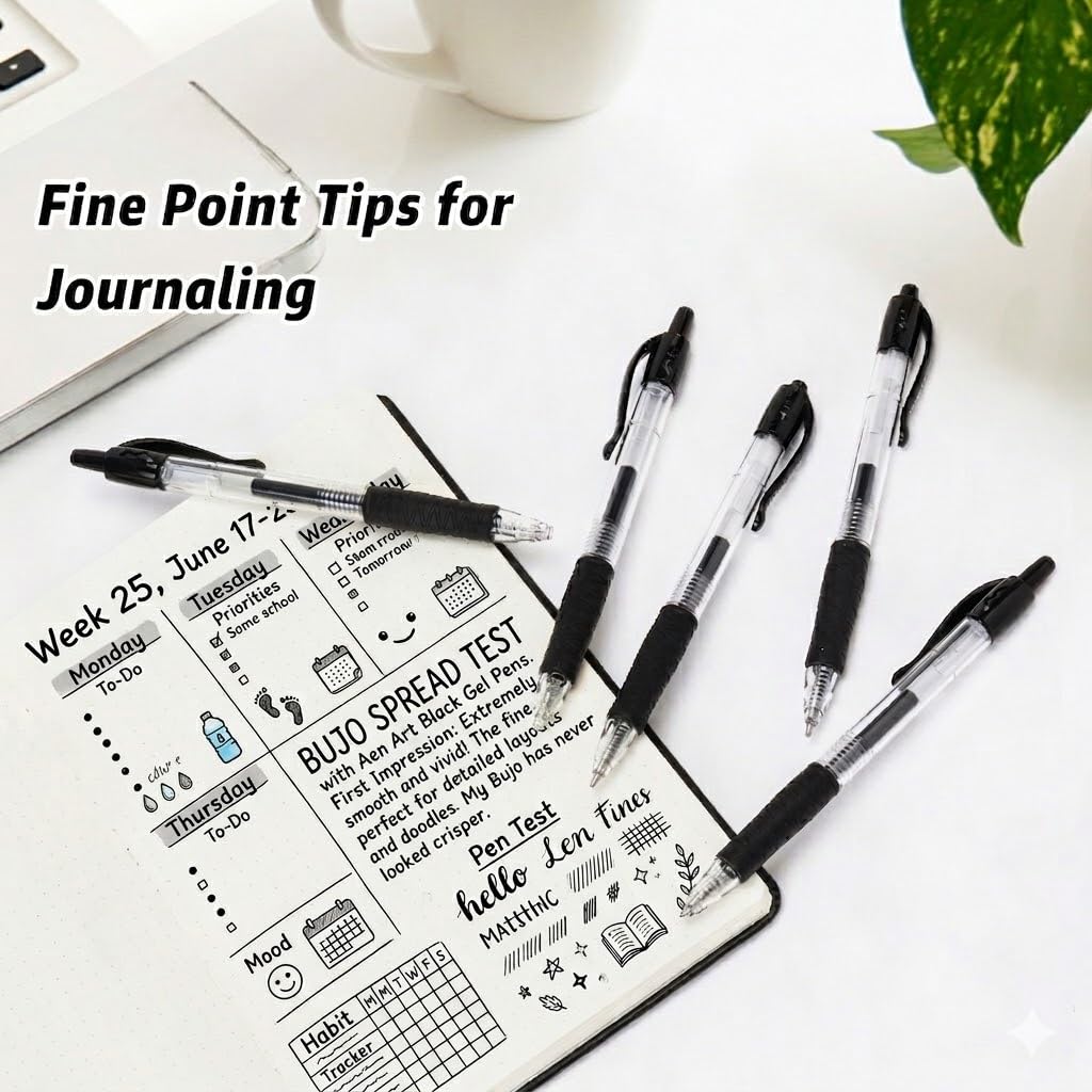 Aen Art Gel Pens Black 0.7mm Fine Point 30 Retractable Gel Ink Pens with Rubber Grip - Quick Dry Roller Pen for Writing, Office, School