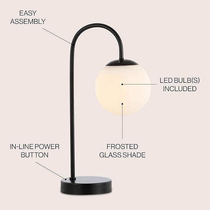 JONATHAN Y JYL6010A Arco 18.25" Iron/Glass Minimalist Mid-Century Globe LED Table Lamp Contemporary Glam Minimalist Bedside Desk Nightstand Lamp for Bedroom Living Room Office College Bookcase, Black