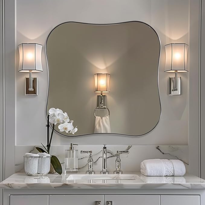 ANDY STAR 30x30 Inch Brushed Nickel Bathroom Mirror,Square Scallope Mirror with Unique Notched Edges Design in 1 Inch Stainless Steel Metal Frame Wall Mounted Mirror for Home Bathroom