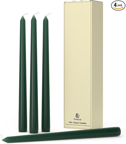 10-Inch Tall Dripless Taper Candles Set of 4 - Dark Green Tapered Candles, Perfect for Christmas - Smokeless, Unscented, Long Burning - Hand Poured, Colored Tall Candlesticks - Hunter Green