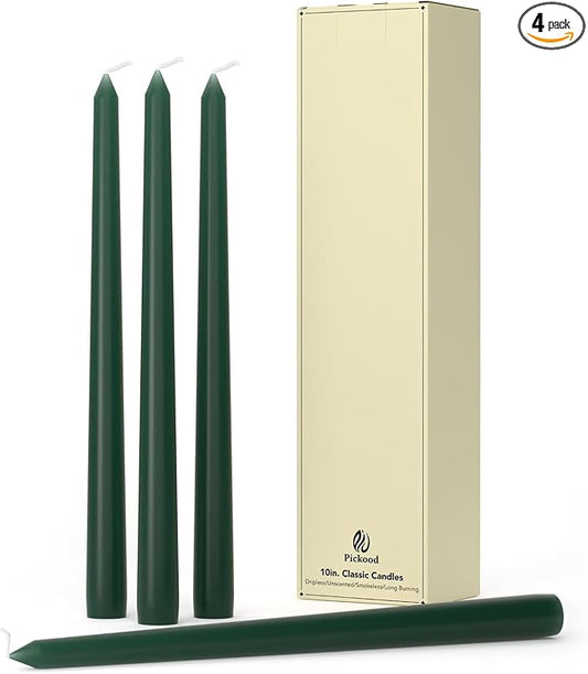10-Inch Tall Dripless Taper Candles Set of 4 - Dark Green Tapered Candles, Perfect for Christmas - Smokeless, Unscented, Long Burning - Hand Poured, Colored Tall Candlesticks - Hunter Green