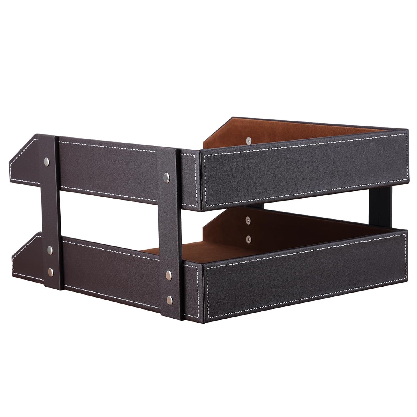KINGFOM Letter Tray, Leather Paper Organizer Tray, Wooden Desk File Holder, Desktop File, Stackable Magazine Holder, Mail Sorter, Great for Home or Office - 2 Level Brown