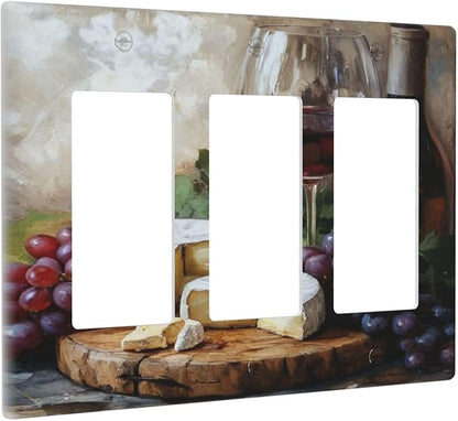 Decorative Art Light Switch Covers Wineglass & Artisanal Cheeses 3 Gang Triple Rocker Outlet Switch plate GFCI Faceplate GFCI for Home Decor
