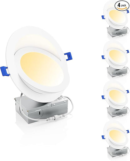 Ensenior 4 Pack 6 inch LED Eyeball Recessed Lighting, 360°+90° Rotatable and 2700K-5000K Selectable, Dimmable Gimbal Recessed Lights, Canless Angled Adjustable Ceiling Downlight, 1300LM, 13W=115W-FCC