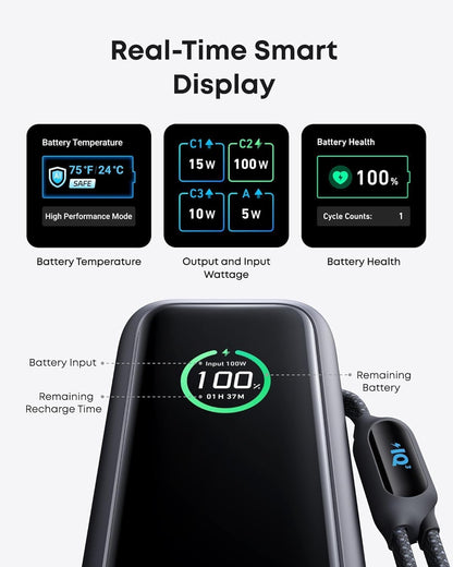 Anker Laptop Power Bank, 25,000mAh Portable Charger with Triple 100W USB-C Ports, Built-in and Retractable Cables, for iPhone 16/15 Series, MacBook, Samsung, and More (Flight-Approved)