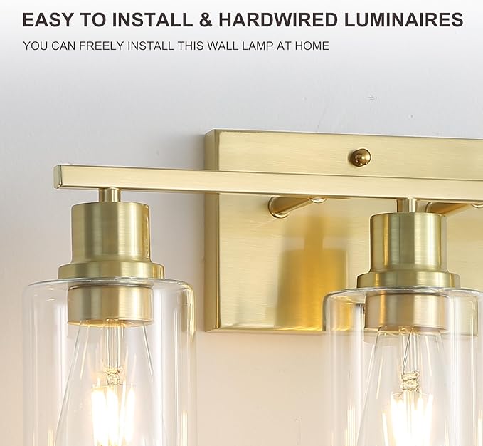 3-Lights Modern Wall Sconces Gold Bathroom Vanity Light Fixtures,Brushed Brass Wall Lights with Clear Glass Shades, Farmhouse Wall Lighting for Hallway,Living Room,Bedroom