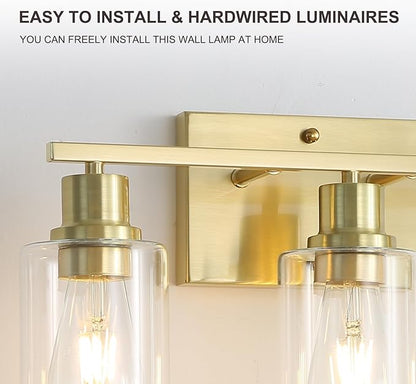 3-Lights Modern Wall Sconces Gold Bathroom Vanity Light Fixtures,Brushed Brass Wall Lights with Clear Glass Shades, Farmhouse Wall Lighting for Hallway,Living Room,Bedroom