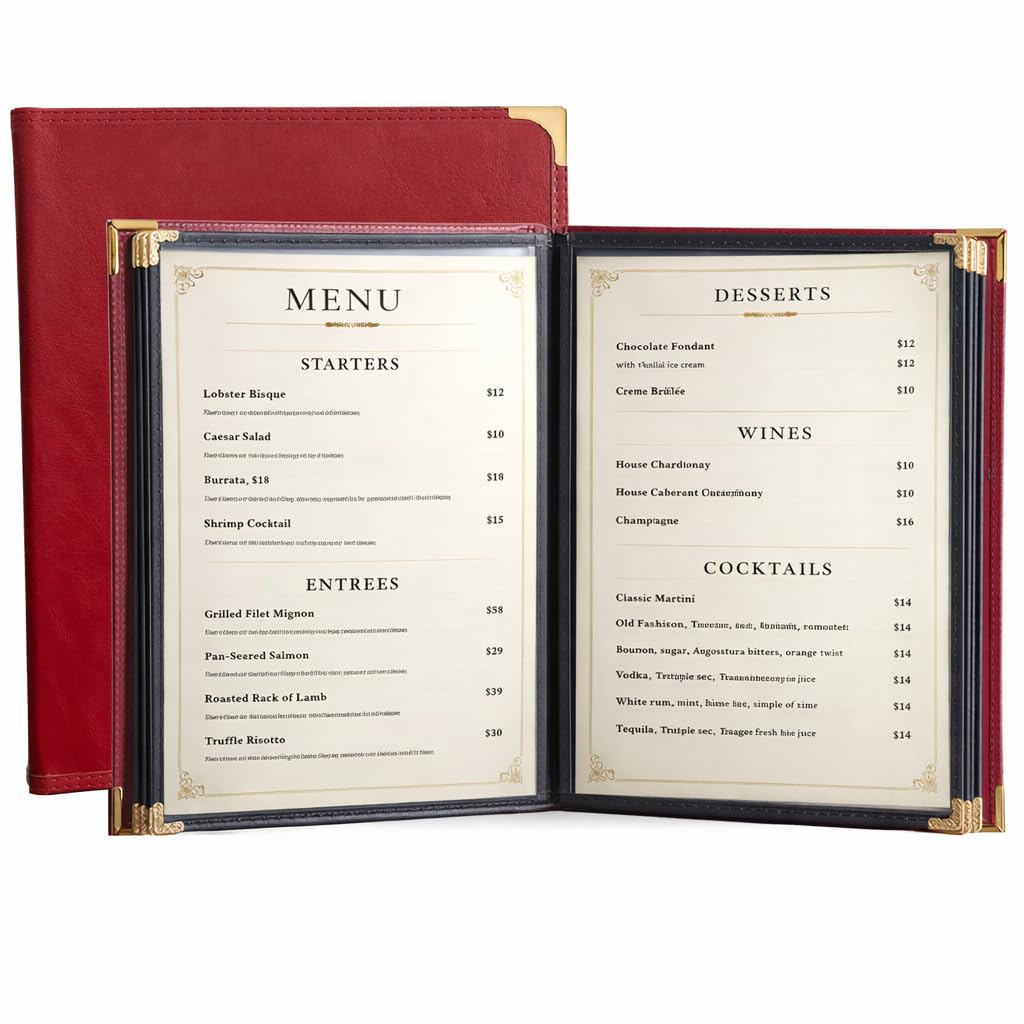 Restaurant Menu Covers 8.5×11 – 8 Page 16 View Menu Sleeve, Premium Burgundy Red Faux Leather, Waterproof Durable Menu Holder for Bar Cafe Hotel, 2 Pack