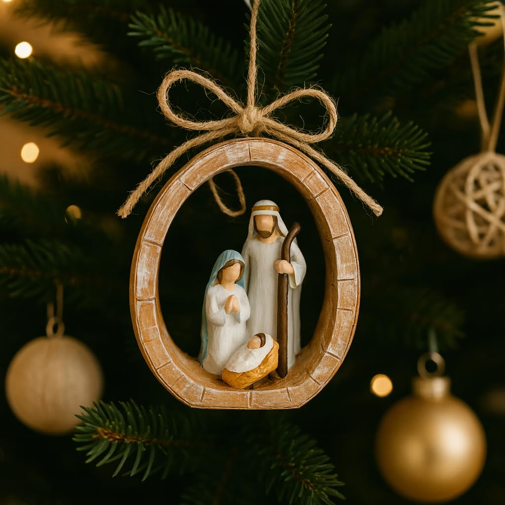 Holy Family Oval Nativity Set Hanging Christmas Ornament, Hand-Painted Resin with Jute Bow, Rustic Faux-Wood Ring, Religious Gift Xmas Tree/Wreath Décor (Nativity Scene)