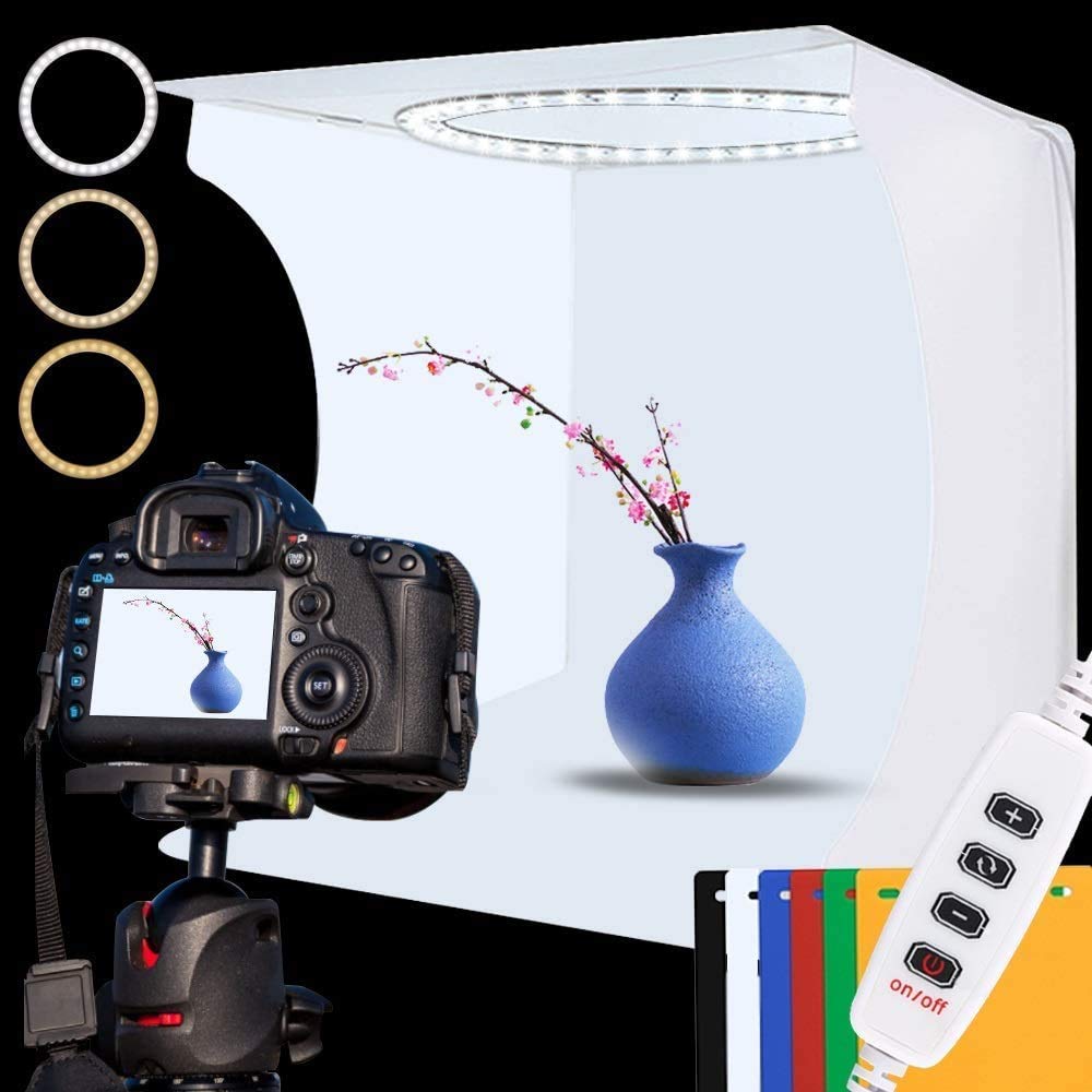 Photo Studio Light Box Kit 12x12 Inch, Folding Lightbox for Small Product Photography, 128 LED Adjustable Lighting, Portable Shooting Tent with 3 Light Colors & 6 Backgrounds