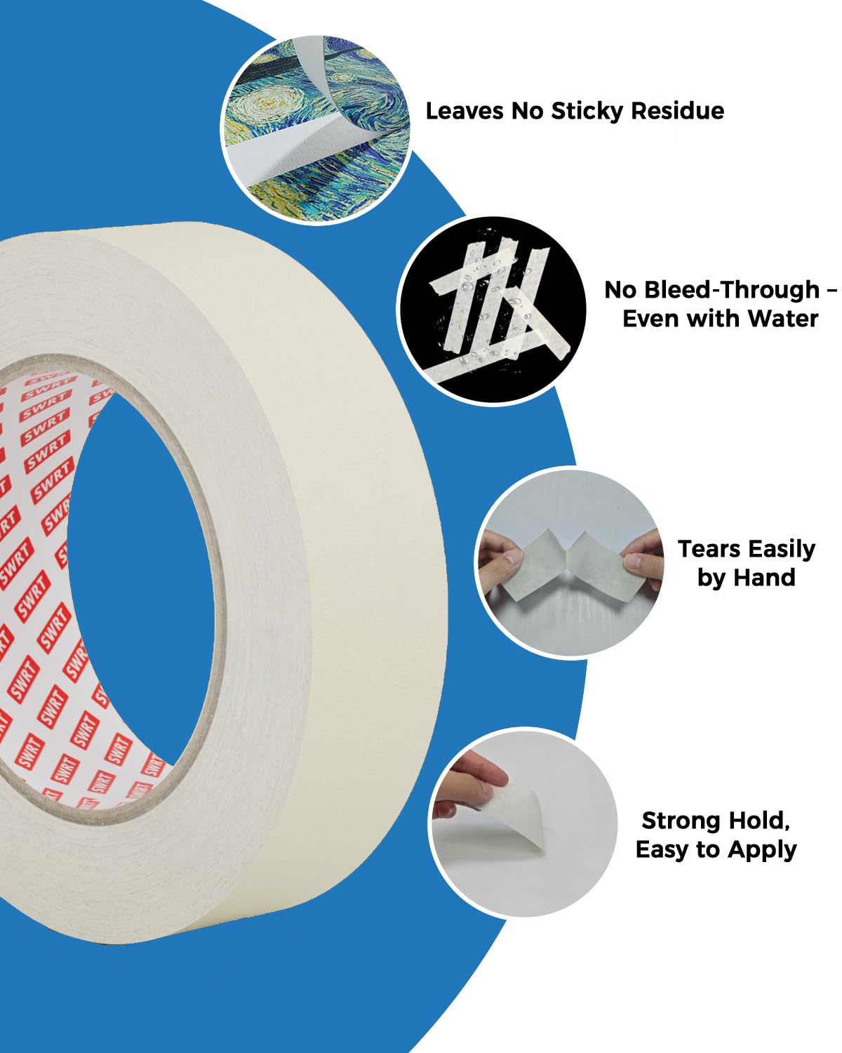 SWRT Masking Tape, 2 Inch Wide × 55 Yards (4 Rolls, 220 Yards Total) – Strong Adhesive, Easy Tear, Clean Removal, General Purpose Painter’s Tape for Painting, DIY, Crafts, Home & Office