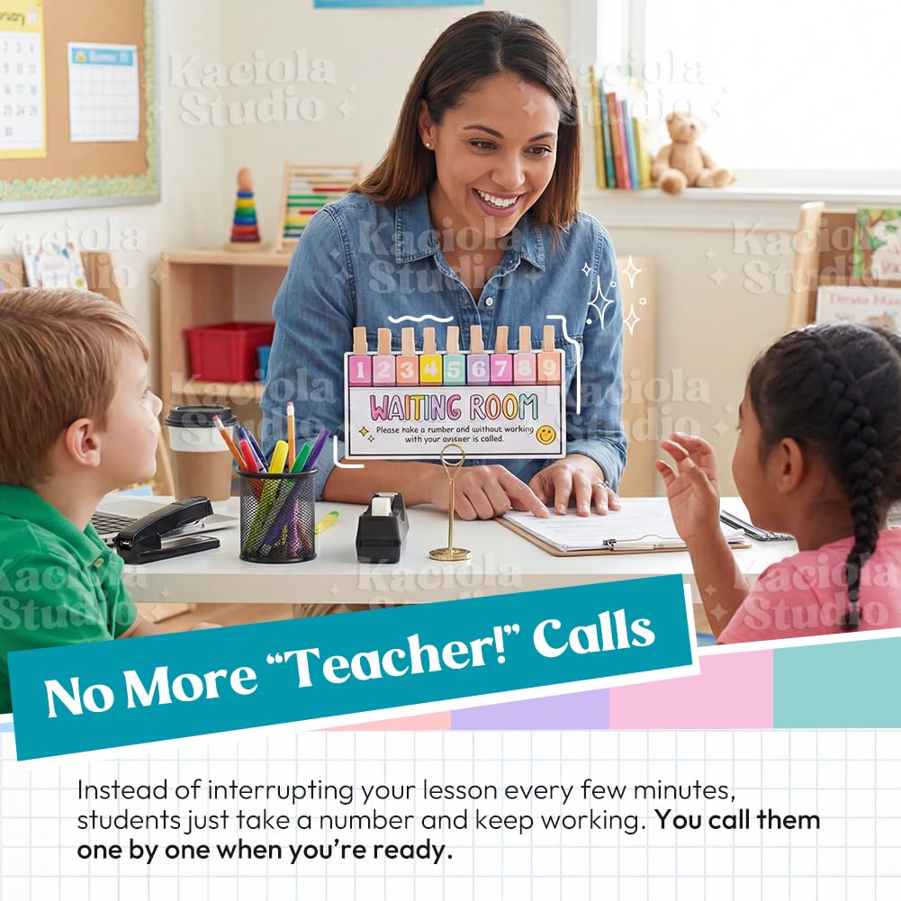 KACIOLA STUDIO Teacher Classroom Management Tools, Waiting Room Sign with Wooden Number Clips, Teacher's Helper Waiting Room Poster, Please Take a Number Classroom Poster for Student Management-Cute