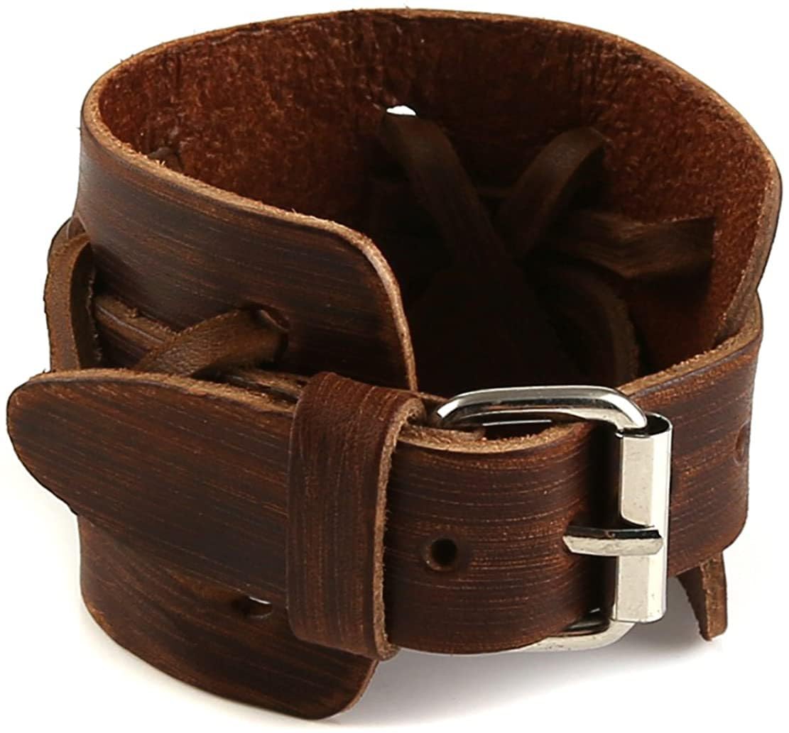 BaBakiak Punk Leather Cuff Bracelet, 2PCS Vintage Braided Leather Wristband for Men Women (Brown)