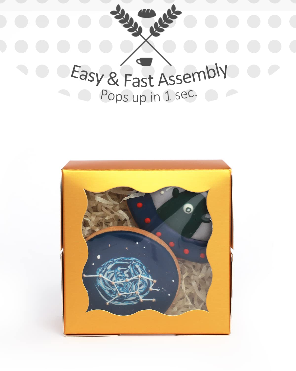 Bakery Box with Window 4*4*2.5inch/55Packs Gold Macaron Boxes Small Donut Pastry Boxes for Party Mini Cookie Boxes qiqee(5 Diferent Gift Include)