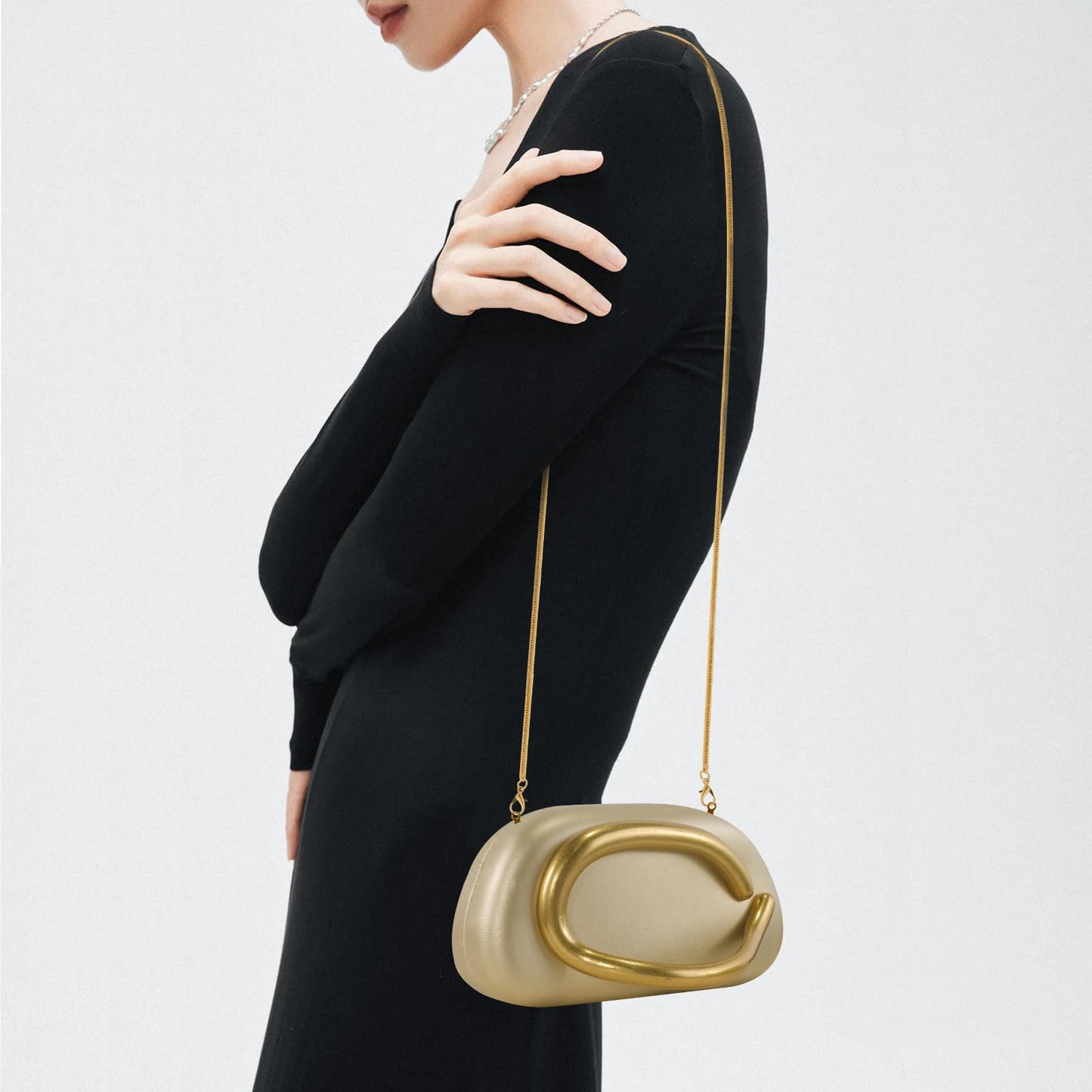 NEWROGENG Clutch Purses for Women Formal, PU Leather Evening Bags with Chain, Trendy Metal Handle Purses and Handbags 2025, Leather Gold