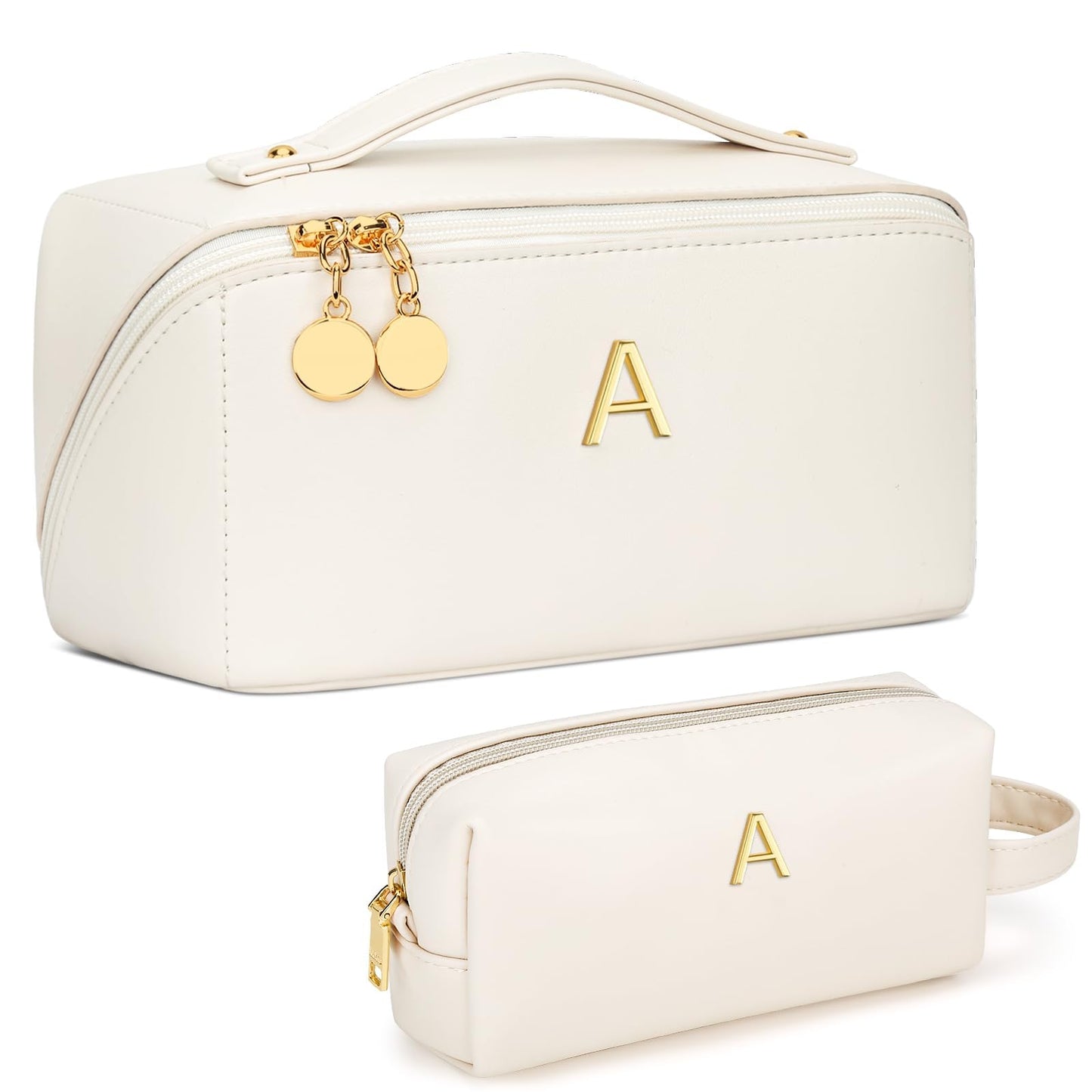KKXIU Initial Makeup Bag for Women - Personalized Makeup Bag Gifts for Women, Travel Toiletry Bag with PU Leather, Open Flat Design with Top Handle, Cosmetic Bag Set with Multi-Pocket (Beige,A)