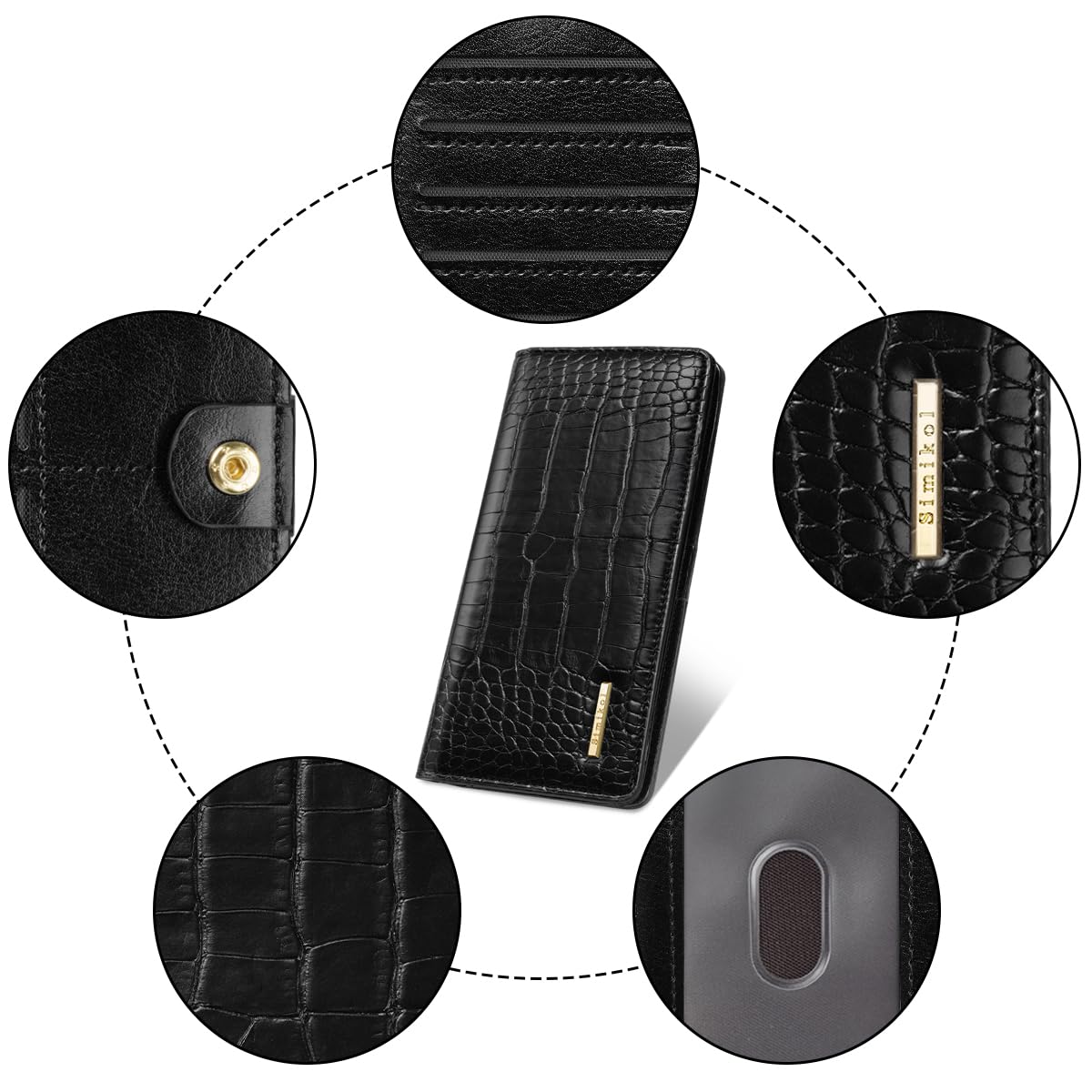 Simikol Wallet Women Bifold Faux Crocodile Leather Minimalist Slim Thin Long Wallets RFID Blocking Credit Cards Holder Purse with Back Zipper Coin Pocket for Women and Men,Black