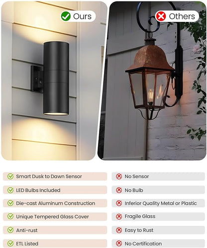 SHIMR Modern Outdoor Wall Lights Dusk to Dawn, Up and Down Light with LED Bulbs Include, Cylinder Matte Black Outdoor Sconce Lights Exterior Lighting Fixtures for House Porch Garage [ETL Listed]