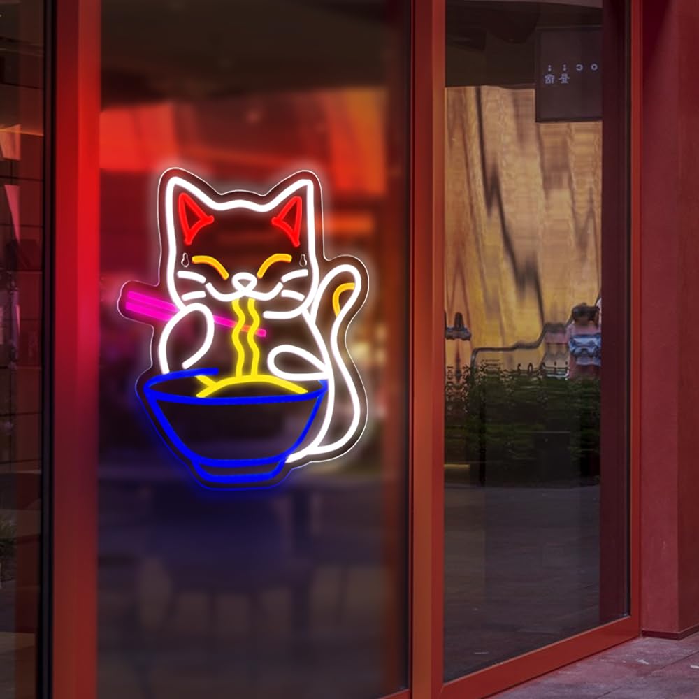RuCvixkt Ramen Cat Neon Sign for Wall Decor, Fortune Japanese Cat Eating Ramen Led Light Signs Maneki Neko Lucky Neon Signs for Bedroom, Noodle Resturant,Baby Girls Room Party Gift