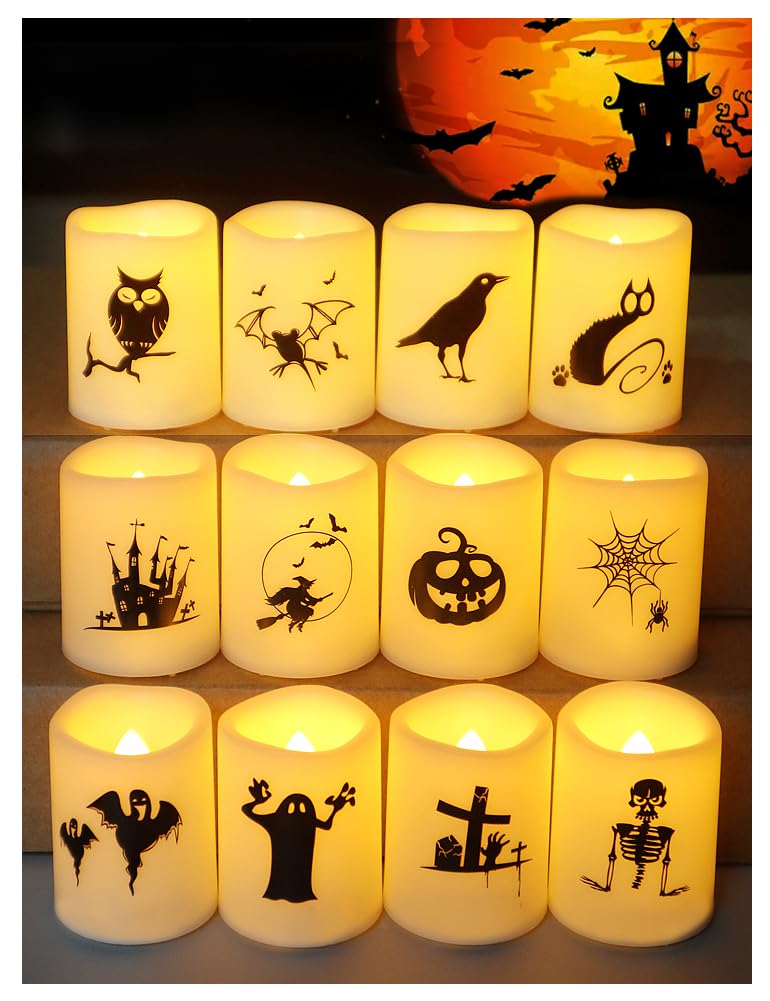 HOME MOST Set of 12 Halloween Votive Candles Battery Operated (White Body, Warm White Flicker) - Flameless Unscented Candles with Halloween Decals - LED Flickering Flameless Votive Candle