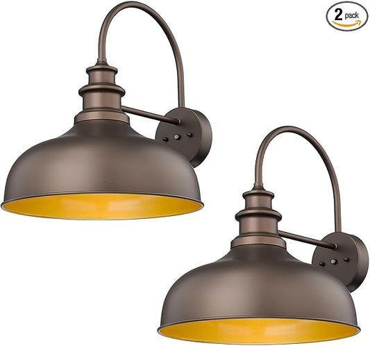 Bestshared 16 Inch Dome Large Dusk to Dawn Sensor Gooseneck Barn Light Farmhouse Outdoor Wall Sconce Industrial Exterior Wall Lighting Fixture, Outside Lantern Garage Lamp (ORB+Gold, 16” Dome-2Pack)