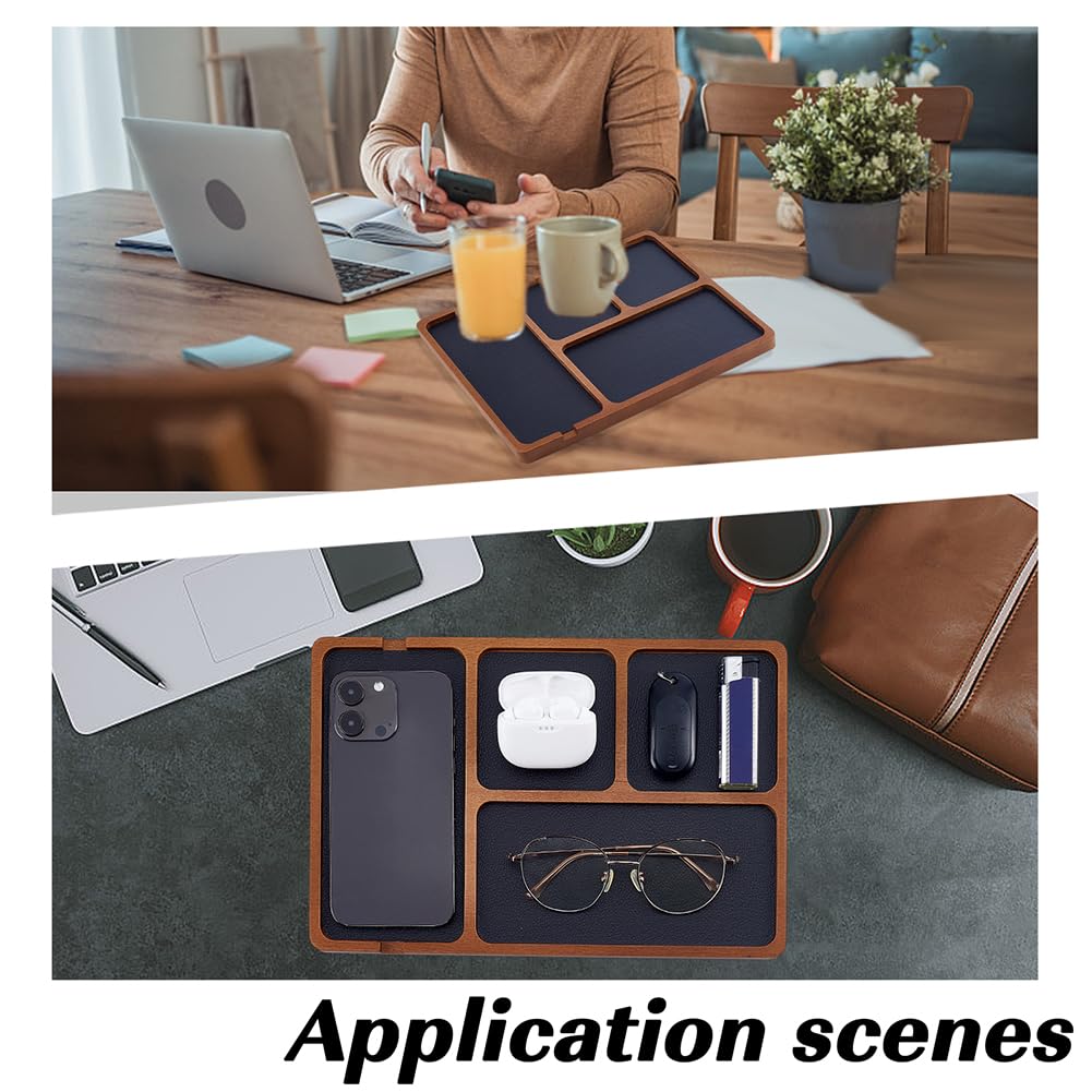 HOBBIESAY Wooden Valet Tray with PU Leather Inlay Wood Storage Organizer Tray with 4 Compartment Nightstand Desktop Storage Organizer for Phone Earbud Key Jewelry Table Organizers