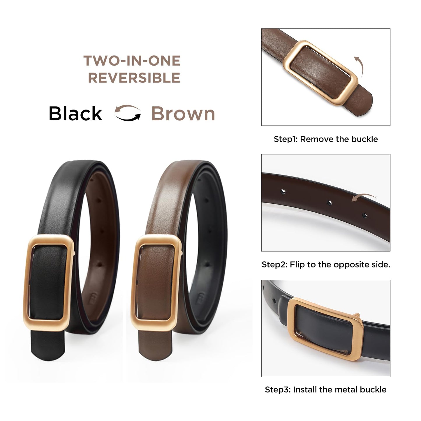 GOELIA Women's Reversible Genuine Leather Belt Thin Fashion Waist Belts for Jeans Pants Dresses with Gold Buckle