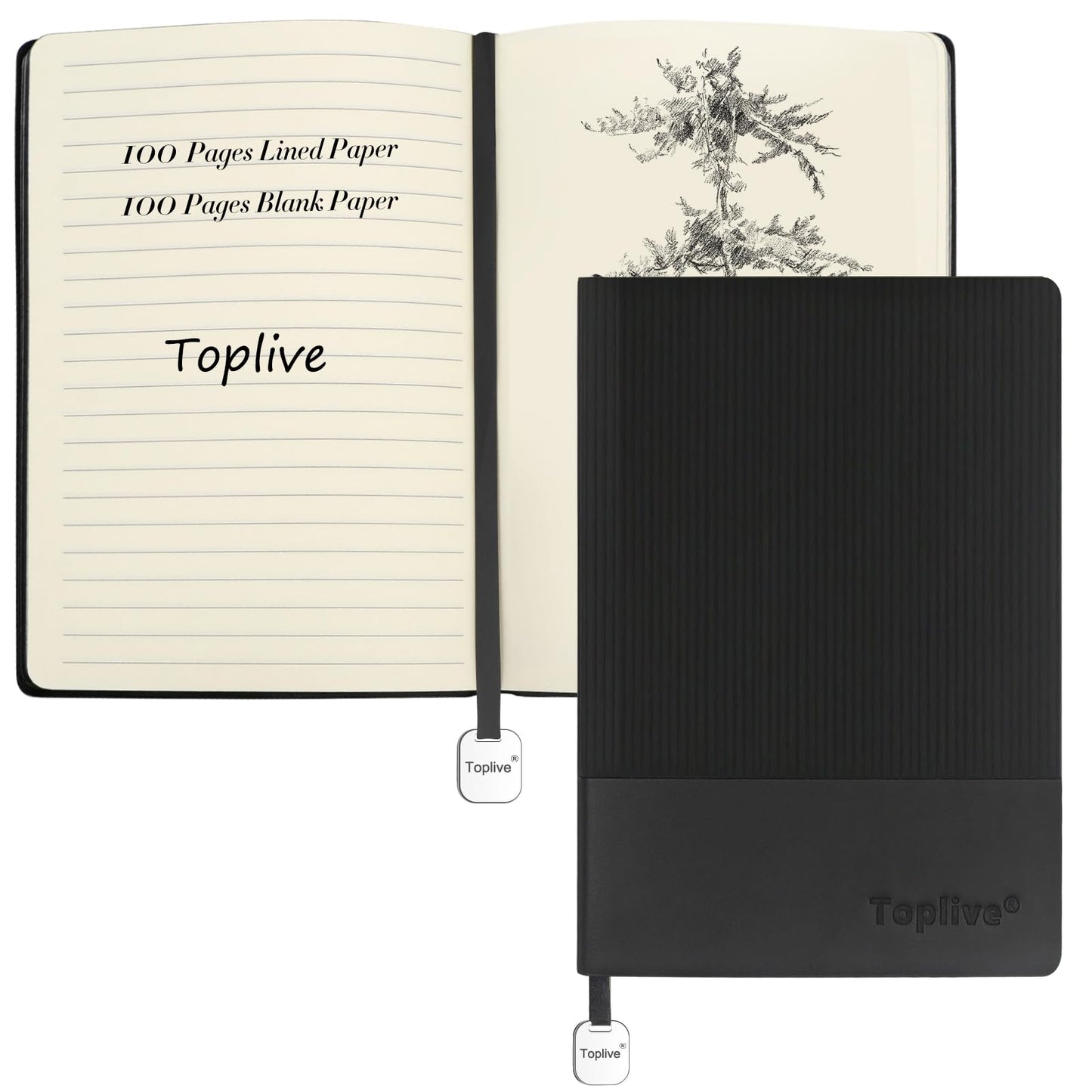 Toplive A5 Journal Notebook Soft Flexible Leather Cover, Premium Thick Lined and Blank Paper Double Layout 8.26" x 5.7" with Metal Bookmark, Black