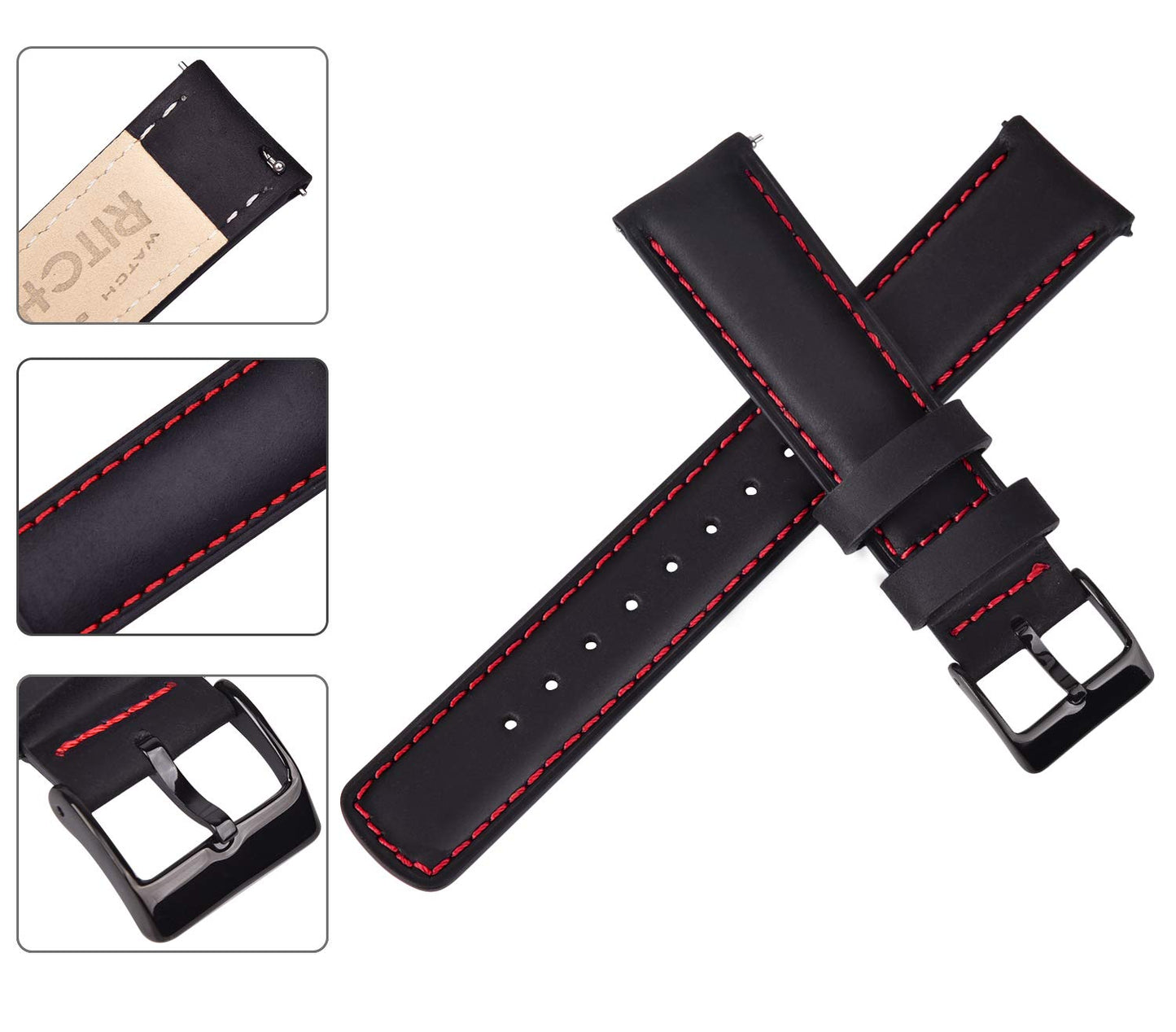 Ritche 18mm Leather Watch Band Quick Release Watch Bands for Men Women Compatible with Timex Expedition Fossil Seiko Black Watch Strap Blue Stitching, White Elephant Gifts, Stocking Stuffers for Men, Father's Day gifts