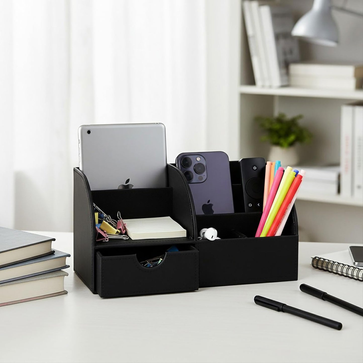 UnionBasic Desk Organizer - Multifunctional Leather Desktop Pen Holder Storage Box - Business Card/Pen/Pencil/Mobile Phone/Stationery Holder, Black