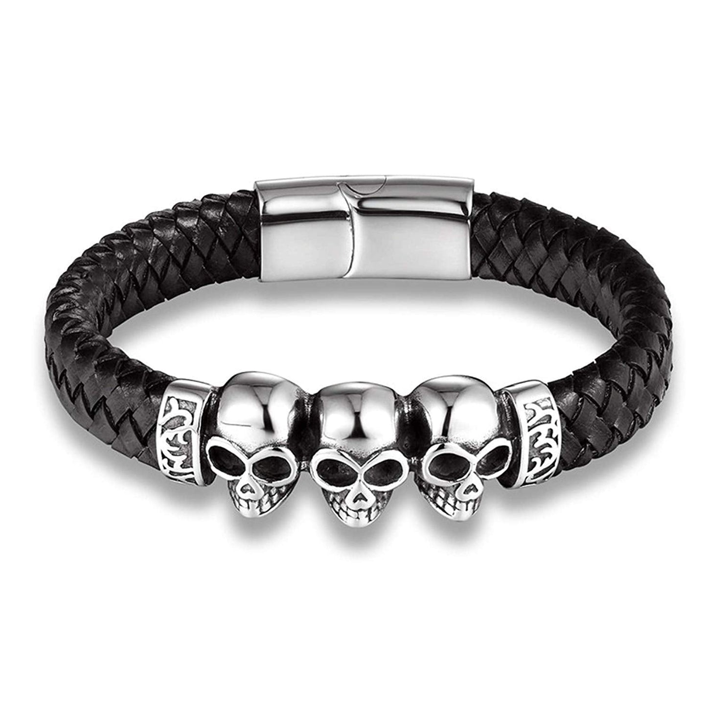 HAQUIL Gothic Punk Triple Skull Leather Wristband Cuff Bracelet. Goth Skull Jewelry Gift for Men