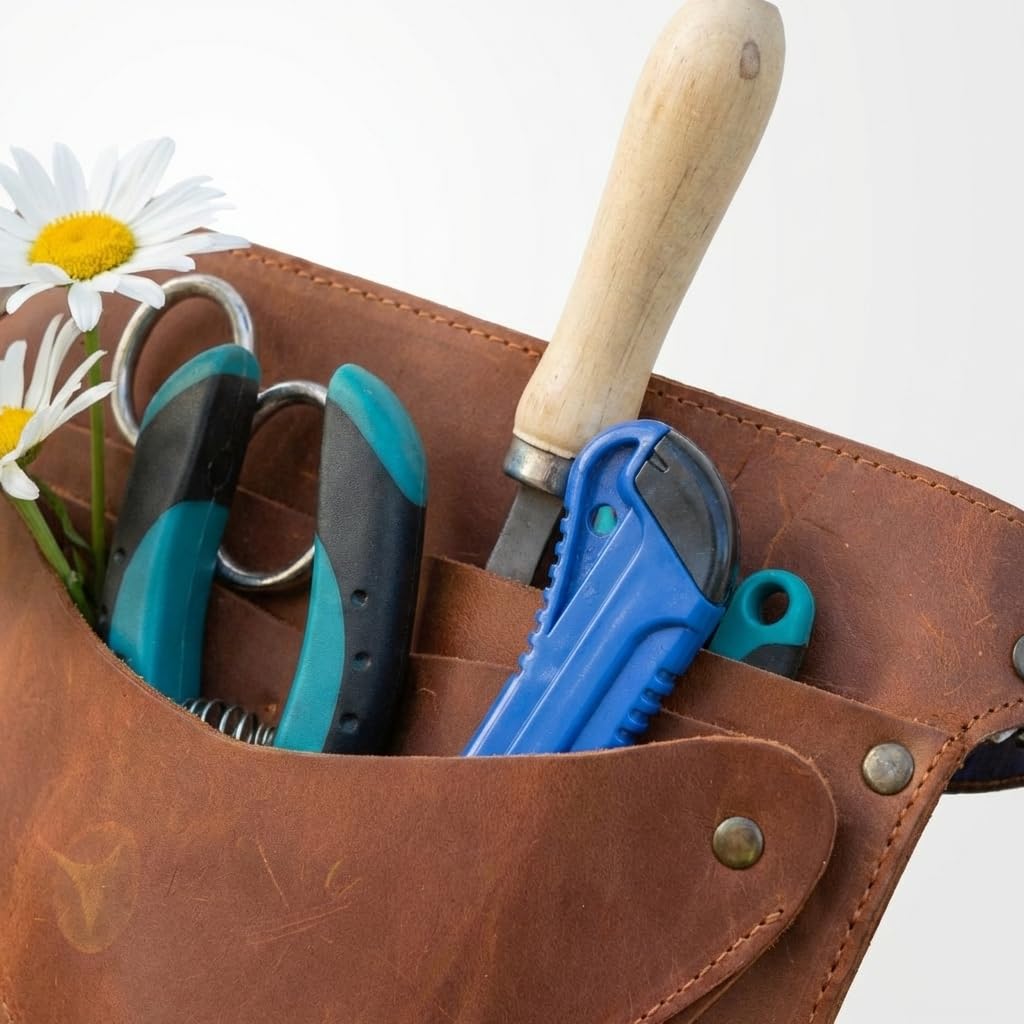TORAKIP Leather Florist Tool Belt – Garden Tool Pouch with Adjustable Belt, Genuine Leather Gardening Waist Bag for Florists & Gardeners, Utility Floral Tool Holder, Warm Brown