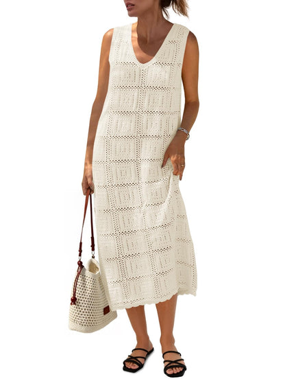 Fisoew Womens Crochet Sleeveless Dress V Neck Boho Cover Up Midi Tank Dress