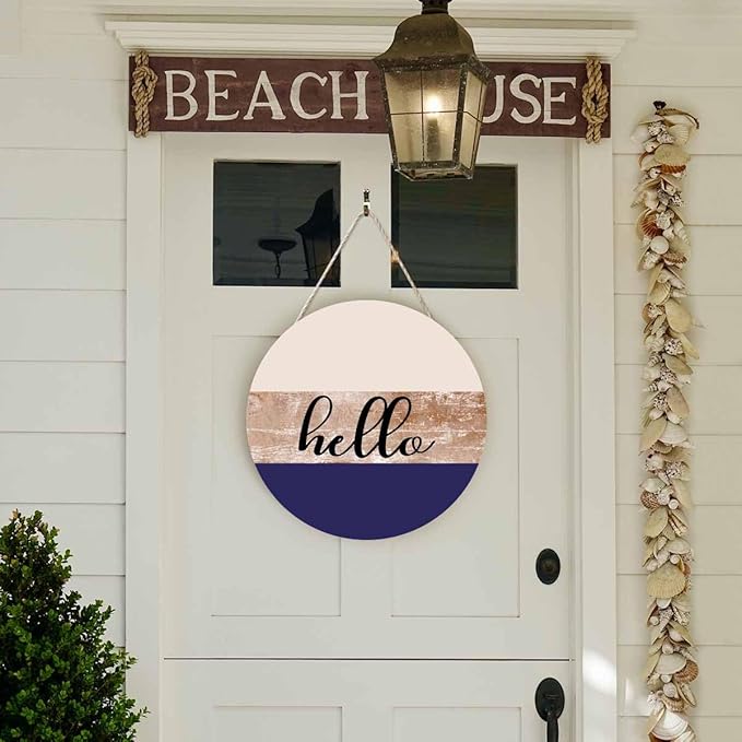 Welcome Sign for Front Door Porch Retro Beige Purple Hello 12in Round Wreath Wall Decor for Farmhouse Home Outdoor Indoor