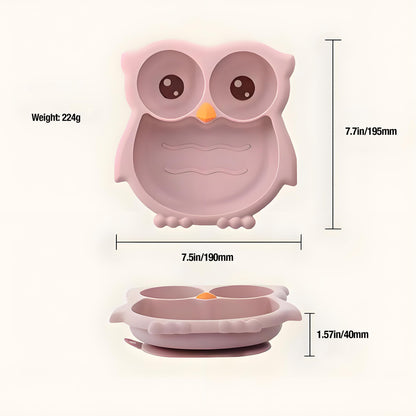 PandaEar Toddler Suction Plates, Stay Put Divided Baby Plates, Owl Shape BPA-Free 100% Food-Grade Silicone Unbreakable Baby Plate, Baby Feeding Supplies (Pink)